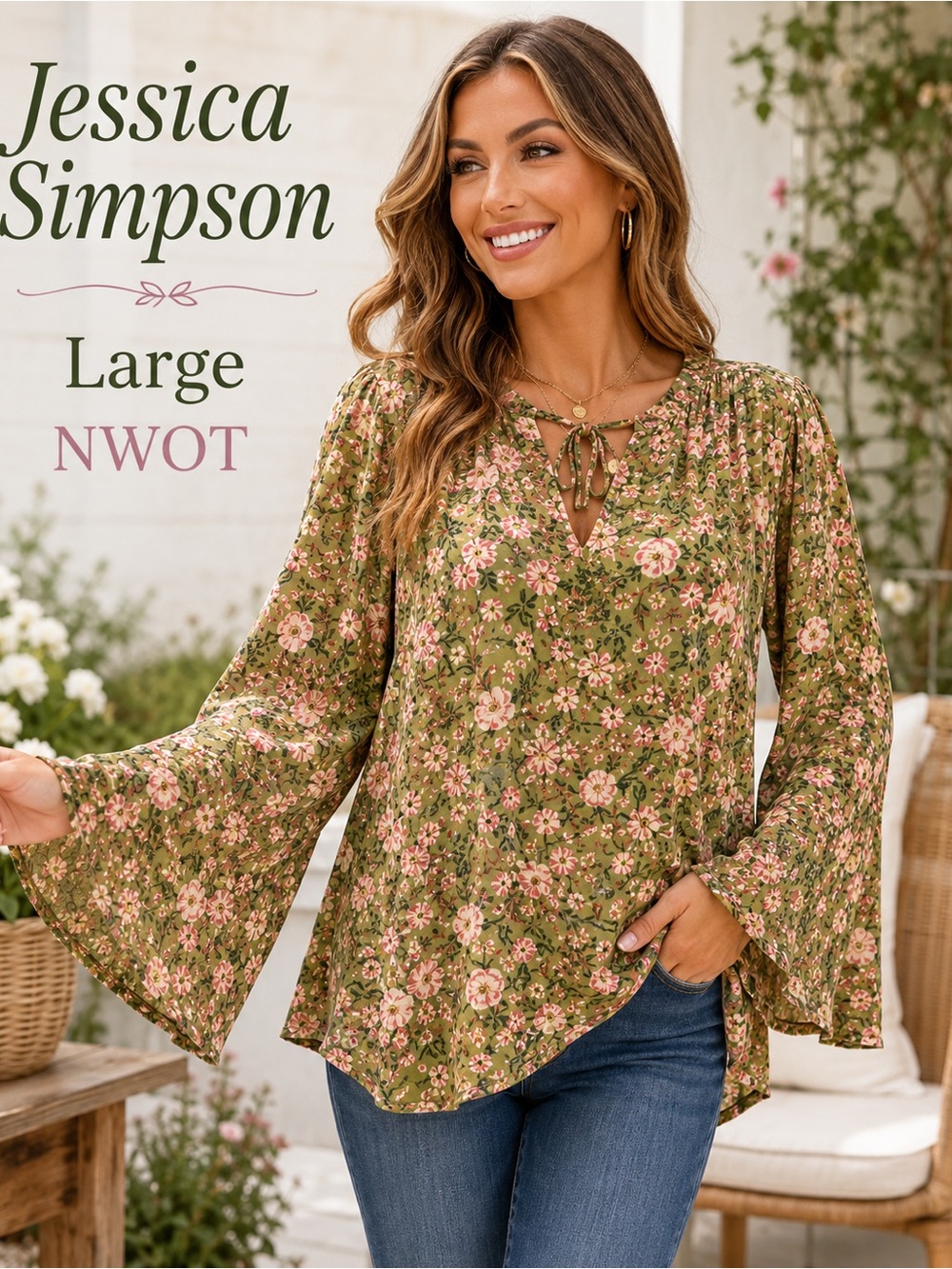 Jessica Simpson Floral Boho Blouse Large Olive Green Bell Sleeve NWOT